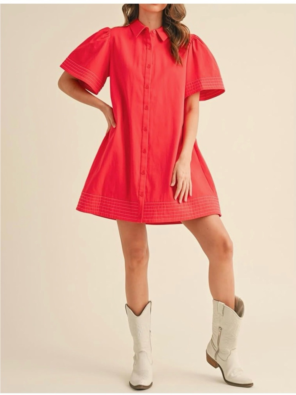 Bright Red Button-Front Puff Sleeve Shirt Dress with white detailed stitching